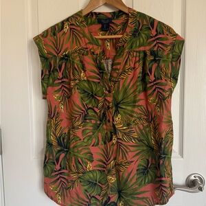 RACHEL Rachel Roy Coral Tropical Leaf Partial Button-Front Linen Blend Blouse S